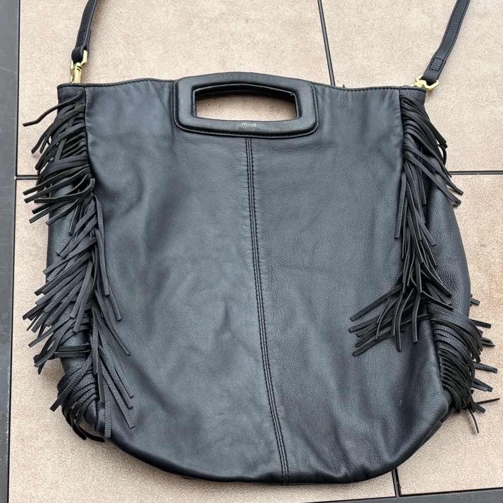 Maje Ladies Black Leather Fringe with Top Handle/Cross Body Bag - Picture 2 of 12